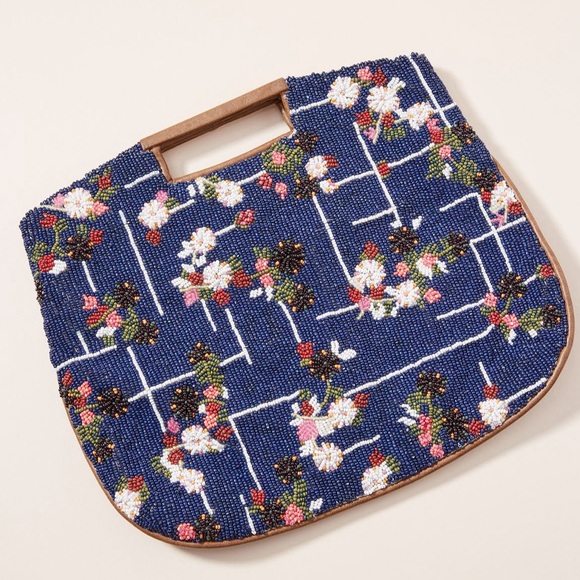 Anthropologie Floral Grid Beaded Clutch in Navy NEW - Picture 1 of 12